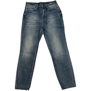 Judy Blue Medium Wash Distressed Straight Jeans Women's 11/30 High Waist Raw Hem